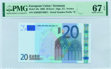 EUROPEAN UNION / GERMANY: 20 Euro (2002) in blue and multicolor. Gate in gothic architecture at center-right on face. S/N: "X 29280740051". Printing p...