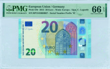 EUROPEAN UNION / GERMANY: 20 Euro (2015) in blue and multicolor. Gate in gothic architecture at center-right on face. S/N: "RP 1544666067". Signature ...