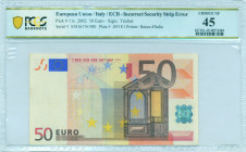 EUROPEAN UNION / ITALY: 50 Euro (2002) in orange and multicolor. Gate in renaissance architecture at center-right on face. S/N: "S 30161761981". Print...