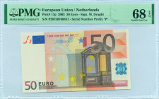EUROPEAN UNION / NETHERLANDS: 50 Euro (2002) in orange and multicolor. Gate in renaissance architecture at center-right on face. S/N: "P 28750768831"....