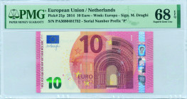 EUROPEAN UNION / NETHERLANDS: 10 Euro (2014) in red and multicolor. Gate in romanesque period at center-right on face. S/N: "PA 3680481752". Printing ...