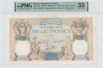 FRANCE: 1000 Francs (21.9.1939) in ochre, blue and multicolor. Ceres at left, Mercury at right and two small angels below on face. S/N: "O.7886 098". ...