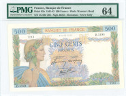 FRANCE: 500 Francs (6.2.1941) in green, lilac and multicolor. Pax with wreath at left on face. S/N: "D.2193 205". WMK: Woman head. Signatures by Belin...