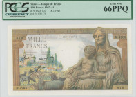 FRANCE: 1000 Francs (18.2.1943) in brown and multicolor. Ceres seated with Hermes at right on face. S/N: "M.4288 670". Inside holder by PCGS "Gem New ...