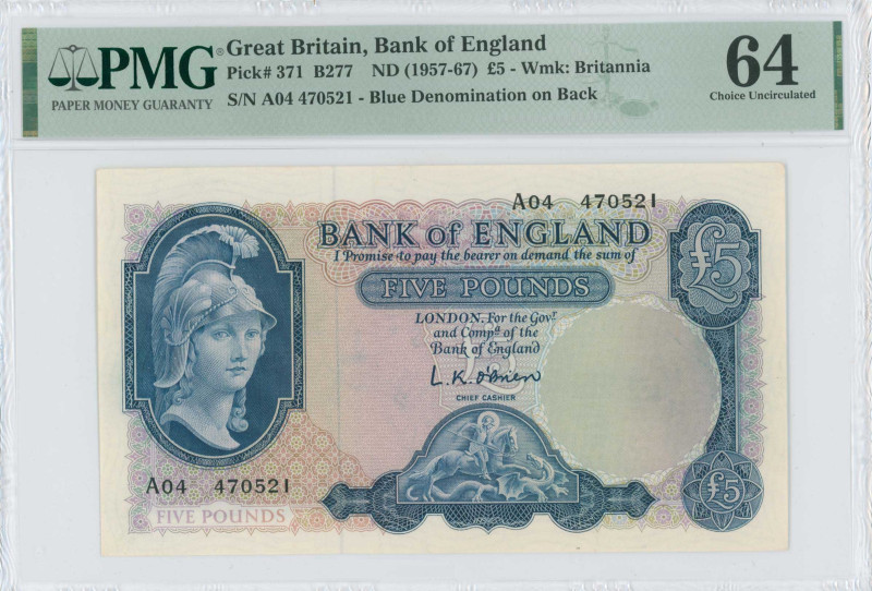 GREAT BRITAIN: 5 Pounds (ND 1957-1961) in blue and multicolor. Helmeted Britanni...