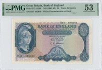 GREAT BRITAIN: 5 Pounds (ND 1961-1963) in blue and multicolor. Helmeted Britannia at left, St George and dragon at bottom center on face. S/N: "H47 49...