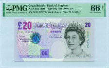 GREAT BRITAIN: 20 Pounds (ND 1999-2003) in brown and purple on red and green unpt. Queen Elizabeth II at right on face. S/N: "DE 56765270". WMK: Queen...
