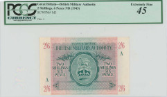 GREAT BRITAIN: 2 Shillings - 6 Pence (ND 1943) in green on pink unpt. Coat of arms of the British army at center on face. Issued by the British Milita...
