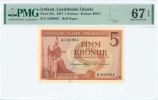 ICELAND: 5 Kronur (Law 1957) in orange-brown on multicolor unpt. Viking I Arnarson at left on face. S/N: "A 360964". Buff paper. Printed by BWC. Insid...