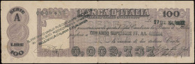 ITALY: 100 Lire (27.6.1942) in gray. Bank check issued by Banca d Italia, to be used as emergency currency during WWII. S/N: "A 0009737". Cachets and ...