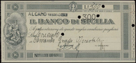 ITALY: 300 Lire (18.11.1943) in gray. Bank check issued by Banco di Sicilia / Alcamo, to be used as emergency currency during WWII. S/N: "314088". Per...