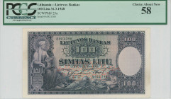 LITHUANIA: 100 Litu (31.3.1928) in dark purple. Seated woman at left and boy with staff of Mercury at right on face. S/N: "A 921380". WMK: Man wearing...