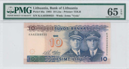 LITHUANIA: 10 Litu (1993) in multicolor. Aviators Steponas Darius and Stasys Girenas at right on face. S/N: "KAA 0388835". WMK: Arms "Vytis". Printed ...