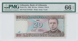 LITHUANIA: 20 Litu (1993) in multicolor. Poet Jonas Maironis at right on face. S/N: "NAC 7747323". WMK: Arms "Vytis". Printed by TDLR. Inside holder b...