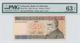 LITHUANIA: 50 Litu (1993) in multicolor. Jonas Basanavicius at right on face. S/N: "QAA 7070548". WMK: Arms "Vytis". Printed by TDLR. Inside holder by...