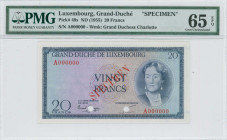 LUXEMBOURG: Specimen of 20 Francs (ND 1955) in blue on multicolor unpt. Grand Duchess Charlotte at right on face. S/N: "A 000000". Red diagonal ovpt "...
