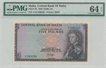 MALTA: 5 Pounds (Law 1967 / ND 1968) in brown and violet on multicolor unpt. Queen Elizabeth II at right and cross at center on face. S/N: "A/12 59925...