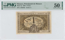 MONACO: 1 Franc (1920) in brown (1st issue). Coat of arms at bottom center on face. S/N: "A 304762". Printed by (A Chene, Monaco). Inside holer by PMG...