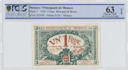 MONACO: 1 Franc (1920) in blue-gray (2nd issue). Coat of arms at bottom center on face. S/N: "C 429181". Printed by IVAC - Monaco. Inside holer by PCG...