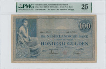 NETHERLANDS: 100 Gulden (1.12.1928) in blue. Woman seated at left on face. S/N: "BM 018807" with prefix and number of 3mm height. WMK: "Ned. Bank". In...