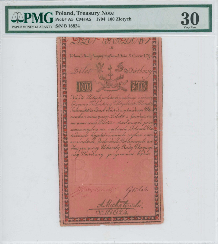 POLAND: 100 Zlotych (8.6.1794) in black on red paper. Arms of Poland and Lithuan...