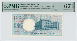 POLAND: 1 Zloty (1.3.1990) in blue-gray and brown on multicolor unpt. Building in Gdynia at right and arms at left on face. S/N: "A 4260770". Never ci...