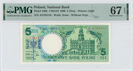 POLAND: 5 Zlotych (1.3.1990) in deep green on multicolor unpt. Building in Zamosc at right and coat of arms at left on face. S/N: "A 3182416". Never c...