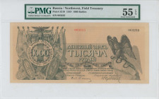 RUSSIA / NORTHWEST: 1000 Rubles (1919) in black-green on light brown unpt. Flags and shields around value at left and double-headed eagle at right on ...