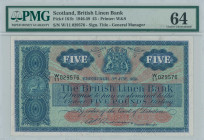 SCOTLAND: 5 Pounds (3.6.1959) in blue and red. Bank arms at upper center and Britannia at left on face. S/N: "W/11 029576". Signature title - General ...