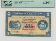 SCOTLAND: 5 Pounds (3.11.1952) in blue on red, orange and yellow unpt. Coat of arms at left and sailboat at right on face. S/N: "B 742/036". Signature...