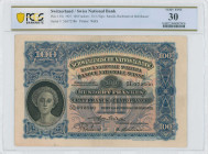 SWITZERLAND: 100 Franken (30.3.1927) in dark blue. Portrait of woman at left on face. S/N: "5L 072586". Signatures by Sarasin, Bachmann & Bornhauser. ...