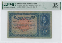 SWITZERLAND: 20 Franken (21.7.1931) in dark blue on red unpt. Portrait of Johann Heinrich Pestalozzi at right on face. S/N: "5W 064967". Signatures: #...