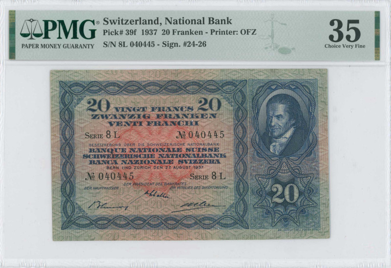 SWITZERLAND: 20 Franken (27.8.1937) in dark blue on red unpt. Portrait of Johann...
