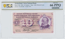 SWITZERLAND: 10 Franken (23.12.1965) in purple on red-brown unpt. Gottfried Keller at right on face. S/N: "45L 081283". Signatures by Galli, Motta & K...