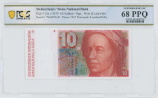 SWITZERLAND: 10 Franken (1979) in orange-brown and multicolor. Leonhard Euler at right on face. S/N: "79L 6092442". WMK: Leonhard Euler. Signatures by...