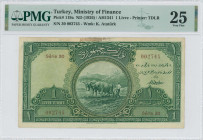 TURKEY: 1 Livre [Law AH1341 (1926)] in green. Farmer with two oxen at center on face. S/N: "30 002745". WMK: Kemal Ataturk. Printed by TDLR. Inside ho...