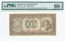YUGOSLAVIA: 1000 Dinara (1.5.1946) in brown on multicolor unpt. Coat of arms at left and woman with ears of corn at right on face. S/N: "ZG 774170". H...