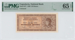 YUGOSLAVIA: 20 Dinara (1950) in brown. Boy at right on face. Never circulated. Inside holder by PMG "Gem Uncirculated 65 EPQ / Unissued". (Pick 67T).
