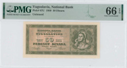 YUGOSLAVIA: 50 Dinara (1950) in green. Farm woman with sickle at right on face. Never circulated. Inside holder by PMG "Gem Uncirculated 66 EPQ / Unis...
