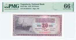 YUGOSLAVIA: 20 Dinara (12.8.1978) in purple on multicolor unpt. Ship dockside at left on face. S/N: "DC 6352315". Signature #10. Printed in Yugoslavia...