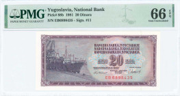 YUGOSLAVIA: 20 Dinara (4.11.1981) in purple on multicolor unpt. Ship dockside at left on face. S/N: "EB 6898435". Signature #11. Printed in Yugoslavia...