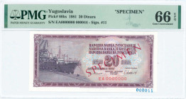 YUGOSLAVIA: Specimen of 20 Dinara (4.11.1981) in purple on multicolor unpt. Ship dockside at left on face. S/N: "EA 0000000". Red ovpt "SPECIMEN" on f...