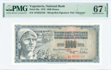 YUGOSLAVIA: 1000 Dinara (12.8.1978) in blue-black on multicolor unpt. Woman with fruit at left on face. S/N: "AF 9252102". Signature #10 with mispelle...