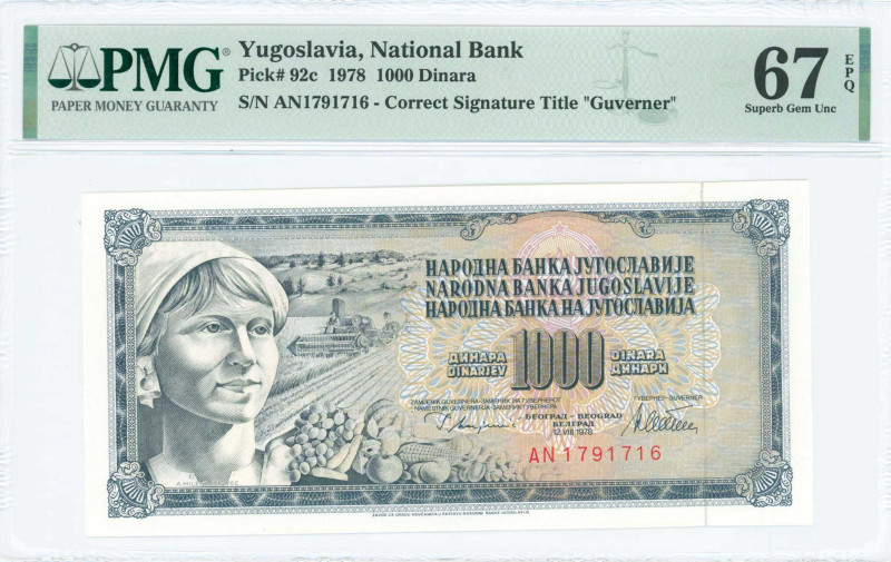 YUGOSLAVIA: 1000 Dinara (12.8.1978) in blue-black on multicolor unpt. Woman with...