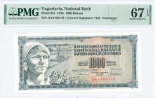 YUGOSLAVIA: 1000 Dinara (12.8.1978) in blue-black on multicolor unpt. Woman with fruit at left on face. S/N: "AN 1791716". Signature #10 with correcte...