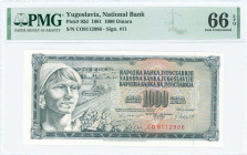 YUGOSLAVIA: 1000 Dinara (4.11.1981) in blue-black on multicolor unpt. Woman with fruit at left on face. S/N: "CO 9112986". Signature #11. Printed in Y...