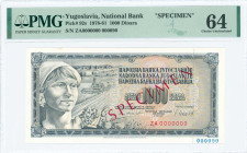 YUGOSLAVIA: Specimen of 1000 Dinara (4.11.1981) in blue-black on multicolor unpt. Woman with fruit at left on face. S/N: "ZA 0000000". Red ovpt "SPECI...