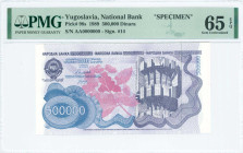 YUGOSLAVIA: Specimen of 500000 Dinara (8.1989) in deep purple and blue on lilac unpt. Coat of arms at left and Partisan monument "Kozara" at right on ...