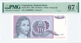 YUGOSLAVIA: Specimen of 10 Dinara (1991) in purple, black and lilac. Young girl at left on face. S/N: "AA 0000000". Never circulated. WMK: Young girl....