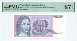 YUGOSLAVIA: Remainder of 10 Dinara (1991) in purple, black and lilac. Young girl at left and on face. WMK: Young girl. Printed in Beograd. Inside hold...
